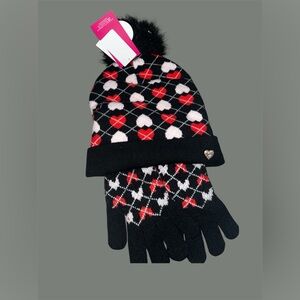 *new* Juicy Couture Black & Red Heart Hat & Gloves Set